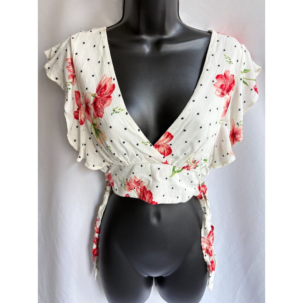 Katwalk NWT Polka Dot Ruffle Top Floral White Red Romantic Flutter Sleeve Size S